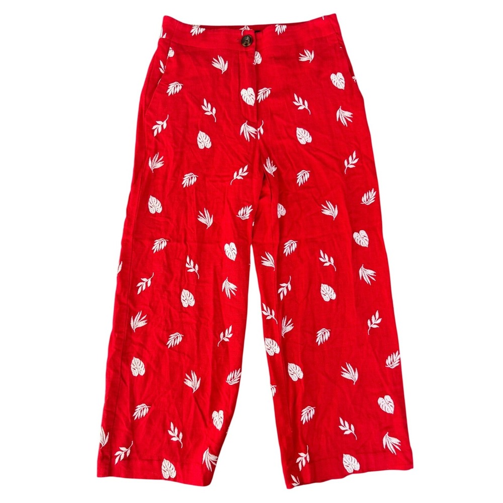 Ann Taylor Red Linen Blend Embroidered Leaf Straight Leg‎ Pants Womens 2 Preppy
